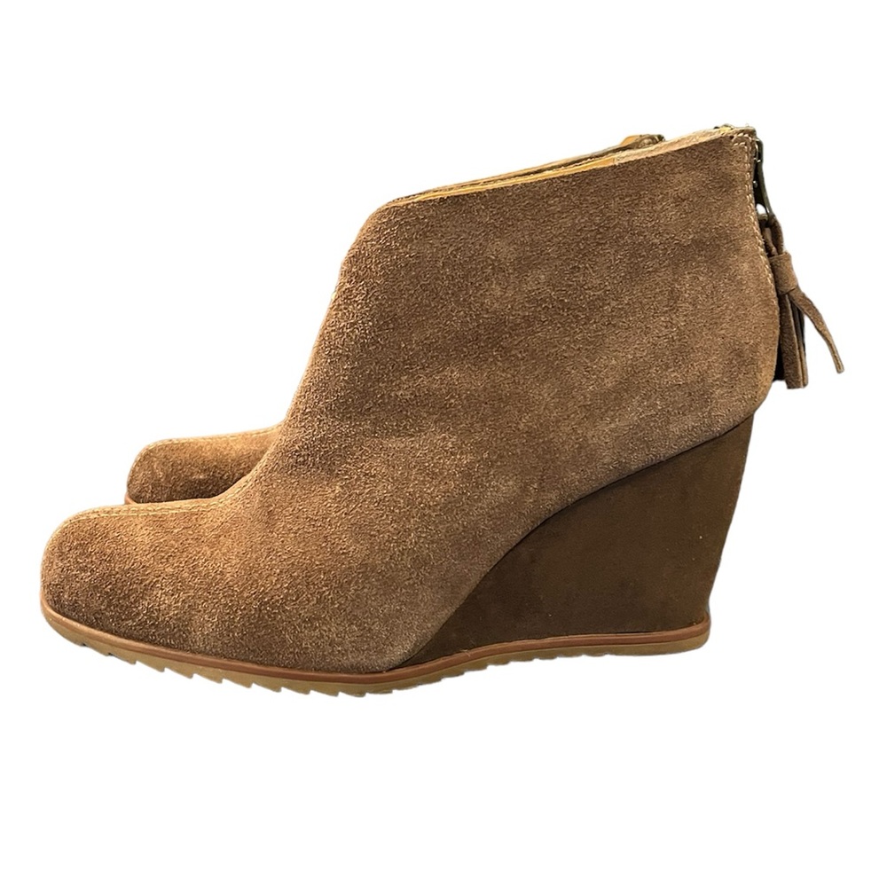 Korks Haldor Brown Suede Leather Wedge Ankle Booties Back Zip Size 6 Brown
